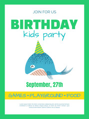 Happy birthday greeting card. Children holiday. Birth party. Baby anniversary celebration. Whale childish drawing. Cute sea animal. Nursery postcard. Kids event invitation vector design