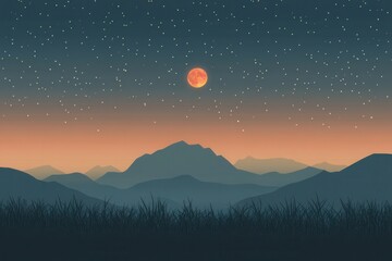 Obraz premium Stylized Vector Art of a Full Moon Glowing in a Dark Blue Night Sky with Soft Light and Gradients Over Rocky Mountains in the Background