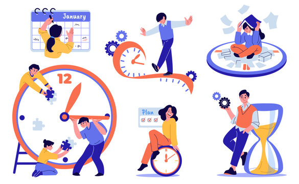 Task schedule. Time management, hourglass for agenda organize, clock training entrepreneur. Business calendar. Happy people with timer and hourglass. Vector characters cartoon illustration