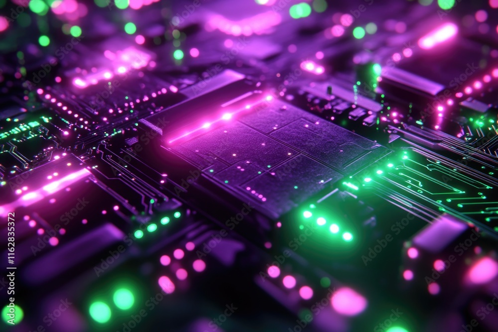 Aufkleber A close-up view of a circuit board with green and purple lights, ideal for use in technology or electronics-related projects