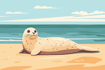 Obraz premium Harbor Seal Resting On Sandy Beach Near Ocean