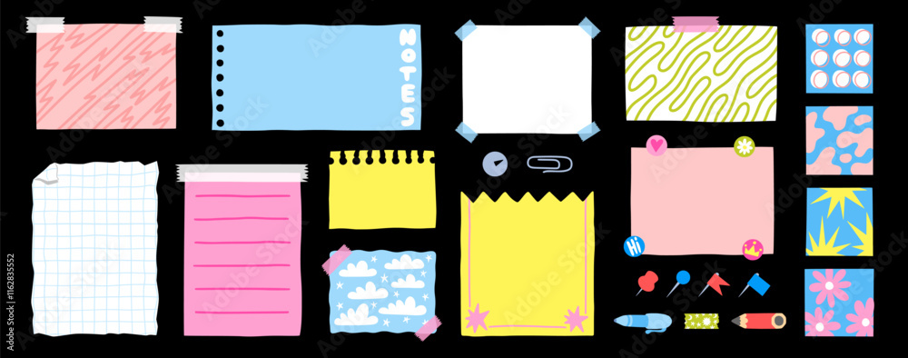 Poster paper note sticker. memo post, school pin board or torn tape pad. stick to do list, notepad clip lab