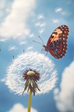 Fototapeta A delicate butterfly lands on a fluffy dandelion