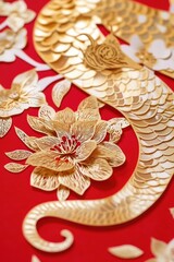 A close-up shot of a golden dragon on a bright red background