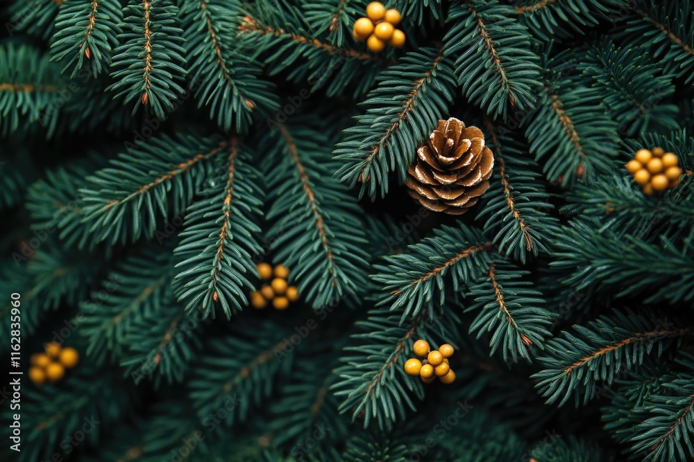 Poster a pine tree with pine cones and red berries growing on its branches
