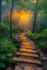 A mystical forest path illuminated by warm golden sunlight, creating a serene atmosphere and tranquility.