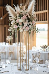 Elegant Blush Pink Wedding Centerpiece with Pampas Grass on Gold Stand