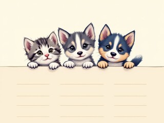 Two puppies and a kitten holding a blank sign