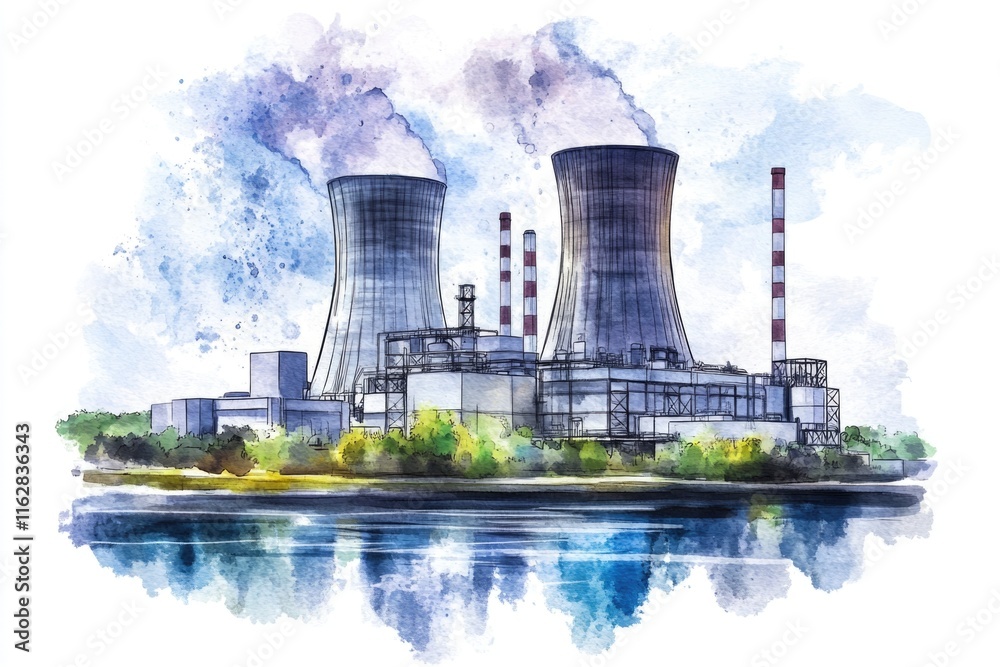 Poster image of a factory with smoke emission, suitable for use in industrial or environmental context