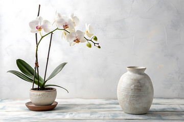 Minimalist still life with white orchid and ceramic pot on rustic surface.