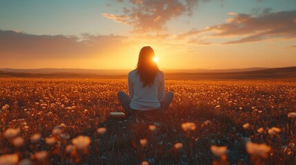 A woman sitting in a field of flowers at sunset, embodying peace and reflection in a tranquil landscape.