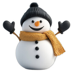 3D joyful cartoon snowman isolated on transparent background, photo