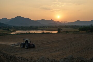 Fototapeta premium Wide Angle Shot of a Tractor Plowing a Field During Sunrise with Dynamic Warm Light Over a Rural Landscape and Mountains in the Background