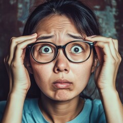 A woman shields her eyes with her hands, possibly indicating discomfort or disorientation