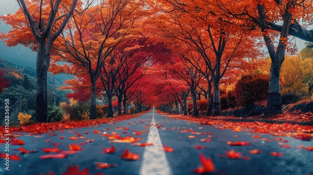 Poster the road is lined with maple trees, which have red leaves and yellow flowers on them, creating a bea
