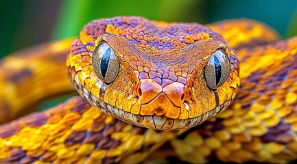 Fototapeta premium Close-up of a vibrant yellow and brown snake with large eyes.