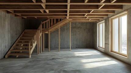 Fototapeta premium Modern unfinished room with wooden stairs and exposed concrete walls and ceiling beams.