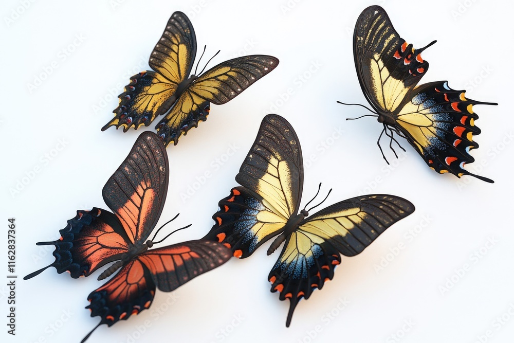 Poster a group of colorful butterflies sit on a clean white surface, ready to take flight