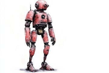 A robotic figure with a red body stands in front of a plain white background, ideal for illustrations and animations