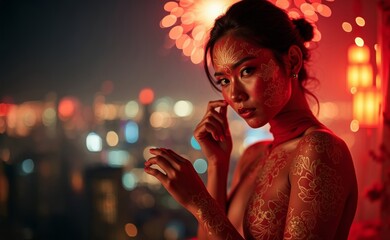 Naklejka premium Chinese New Year. Asian woman body art and face painting. Dragon, lanterns, fireworks, city skylines, red and gold colors. Traditional celebrations in the world concept.