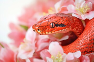 Obraz premium A close-up shot of a red snake surrounded by colorful flowers, great for use as a symbol or motif