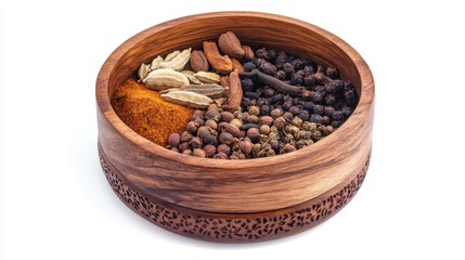Fototapeta premium A wooden bowl filled with an array of colorful spices, showcasing the rich diversity and vibrant colors of culinary ingredients.