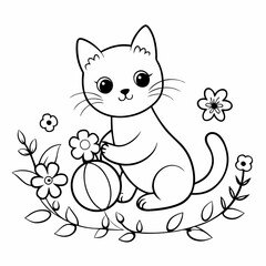 Vector art illustration of a cat playing in a flower garden