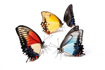 Fototapeta premium Group of colorful butterflies perched on a white surface, ideal for use in nature-inspired designs and themes