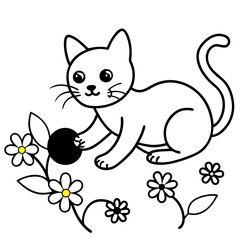 Vector art illustration of a cat playing in a flower garden