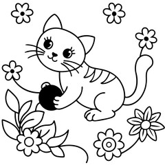 Vector art illustration of a cat playing in a flower garden