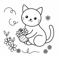 Vector art illustration of a cat holding a flower