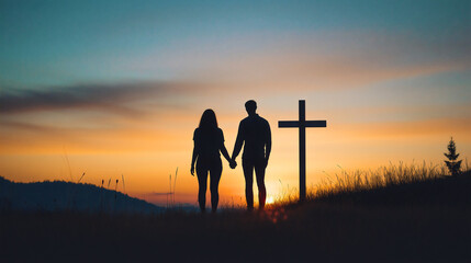 Fototapeta premium Christian couple silhouette cross, religious faith worship design, spiritual prayer hands concept, holy church devotion, holding hands