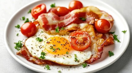 Delicious Breakfast: Fried Egg with Crispy Bacon and Cherry Tomatoes