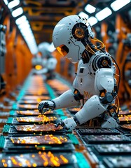 Fototapeta premium Robot assembling electronic components in a futuristic factory with bright orange lighting