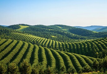 Fototapeta premium Striking Aerial View of Rolling Green Hills and Coniferous Forests