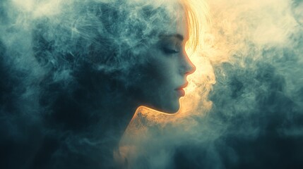Silhouette of a woman surrounded by glowing ethereal smoke