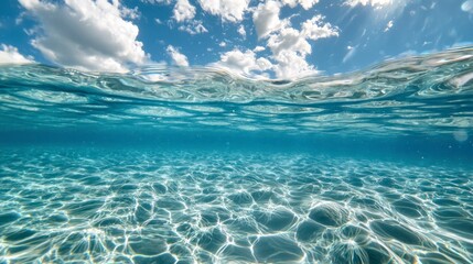 Underwater view of clear blue water with sunlight reflections