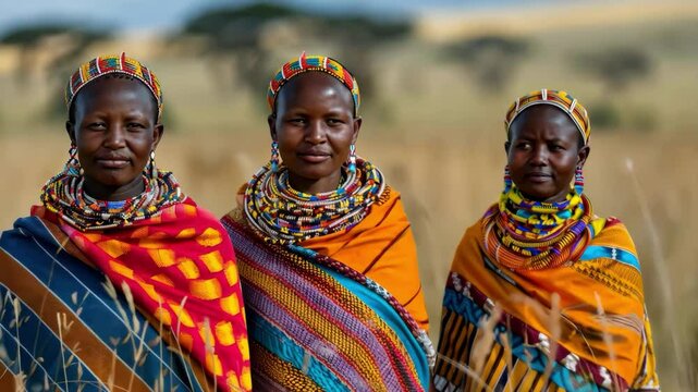 Three women wearing colorful clothing and necklaces stand in a field. The women are dressed in traditional African clothing and are smiling. Scene is cheerful and lively