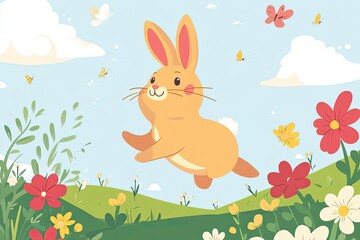 Fototapeta premium Happy Bunny Hopping Through Spring Flowers And Butterflies