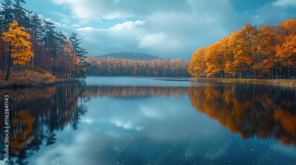 Wall mural Autumn landscape, serene lake, vibrant colors.