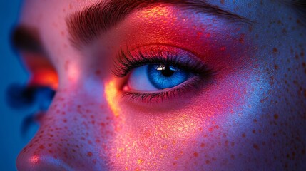 Naklejka premium Close-up of a striking eye with glowing makeup in pink hues