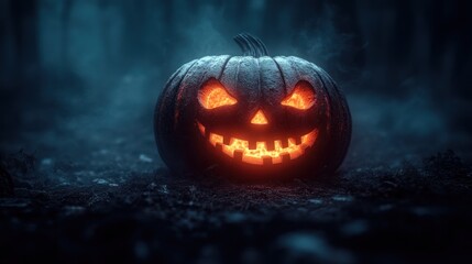 Naklejka premium Glowing Jack-o'-lantern in dark forest.