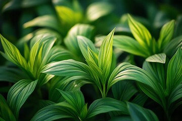 Lush green foliage with sunlight illuminating vibrant leaves.