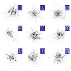 Set of nine abstract ink speckle grit brushes. Spraying textures. Grime design elements. 