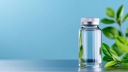 Futuristic glass bottle filled with water and surrounded by fresh green leaves against a serene blue backdrop
