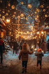 Fototapeta premium Two children walk hand in hand through a festive street, holding sparklers. The area is decorated with glowing lights and winter decorations, creating a joyful atmosphere