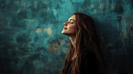 Fototapeta premium Serene woman with freckles against a textured blue backdrop