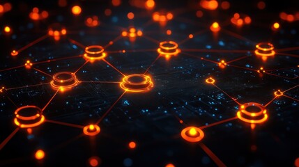 Glowing network nodes on dark circuit board.