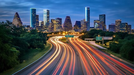 Fototapeta premium City skyline at twilight with highway light trails.