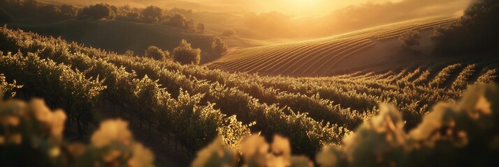 Golden hour sunlight bathes rolling vineyard hills.